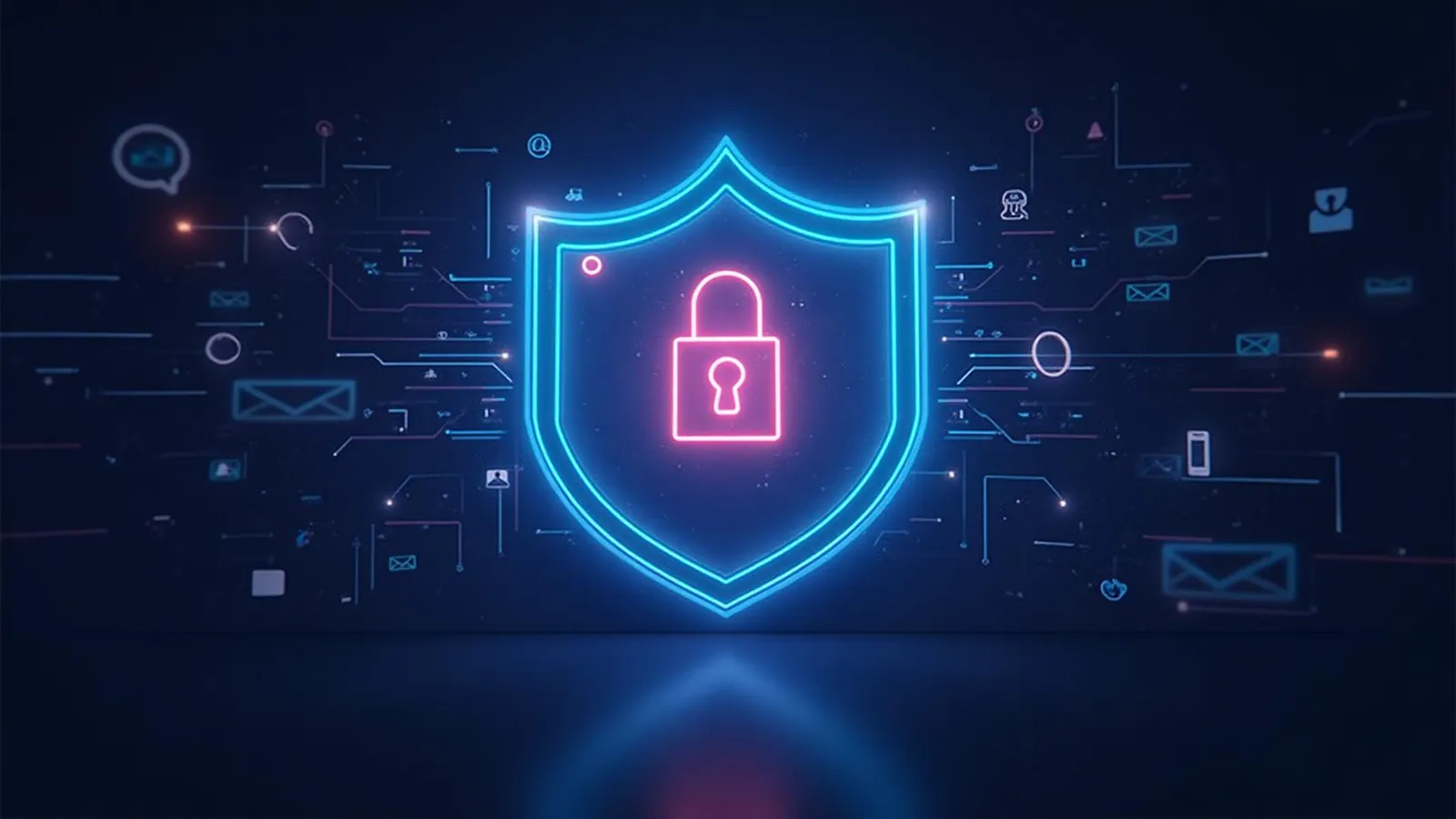 A glowing padlock and shield surrounded by email and network symbols.