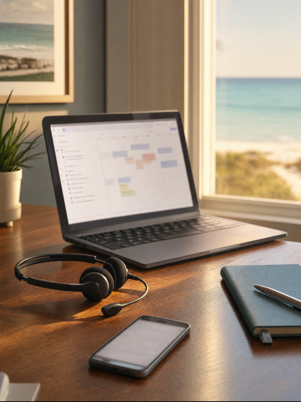 A desk by a window over the Gulf with a laptop showing a calendar, a phone headset and a notebook