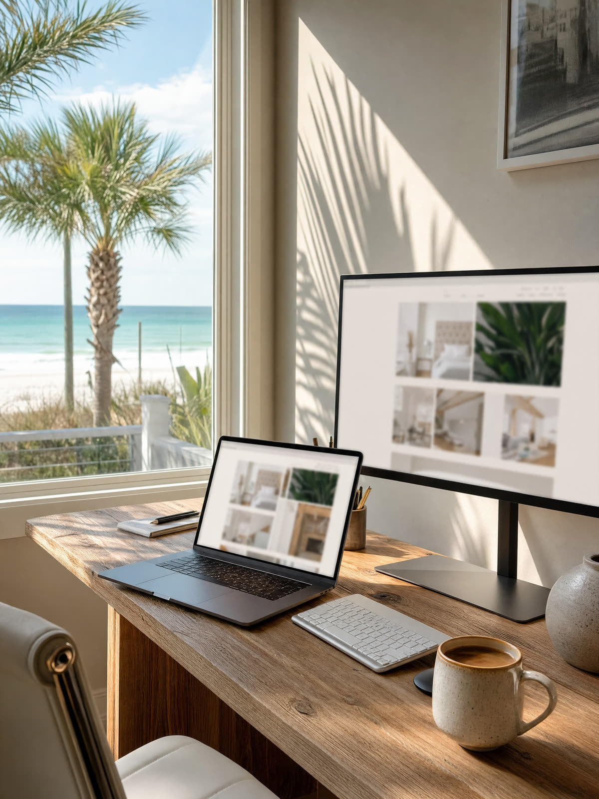 A designer's desk with a website layout on the monitor and sea light on the wall