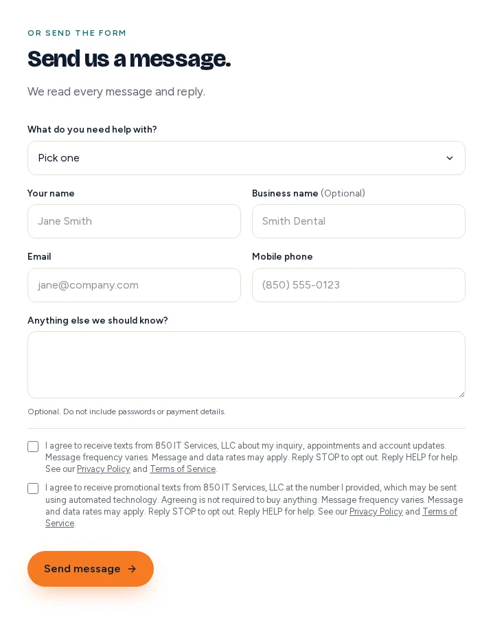 The short contact form on desktop: two unticked text message boxes, the policy links, and the send message button.
