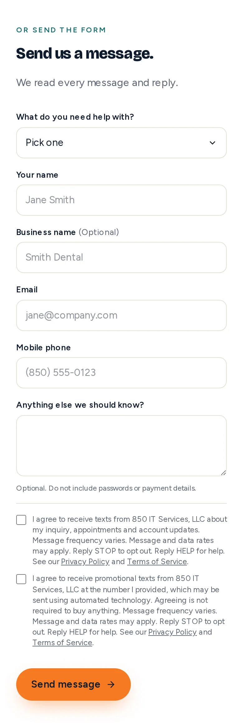 The short contact form on a phone: two unticked text message boxes, the policy links, and the send message button.