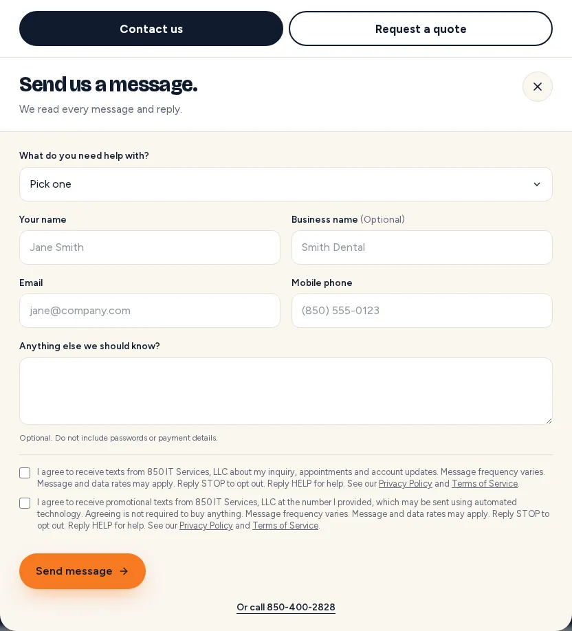 The edge tab dialog on desktop, showing the two unticked text message boxes, the policy links, and the send button.