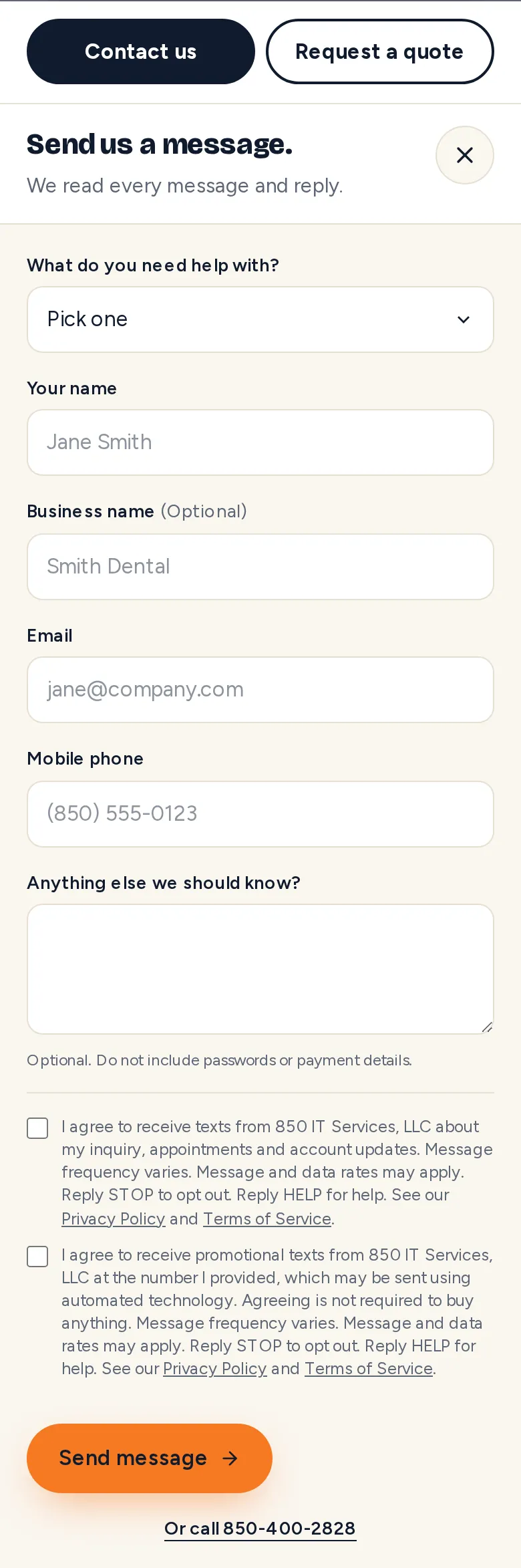 The edge tab dialog on a phone, showing the two unticked text message boxes, the policy links, and the send button.